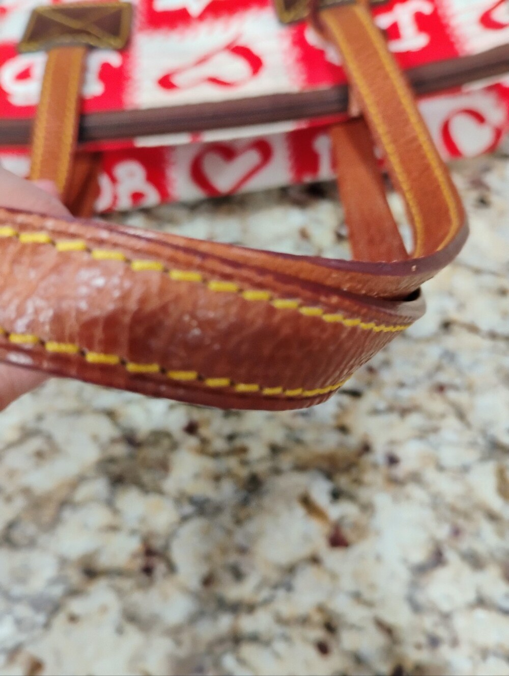 Dooney And Bourke Red & White Patterned Tote with Leather Handles. - Picture 3 of 5